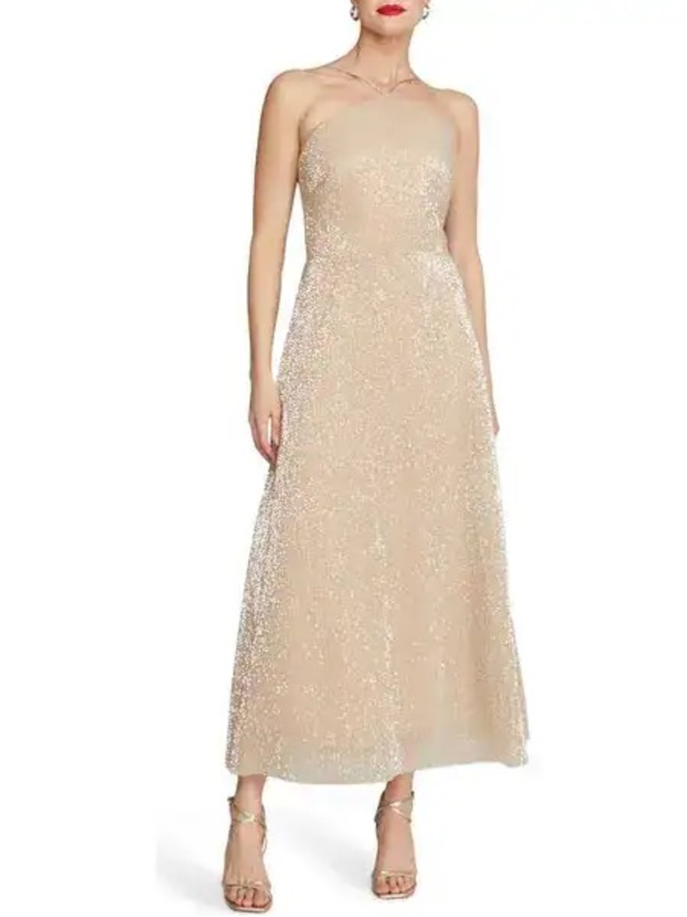 Halston Denise Champagne Sequin Halter Midi Dress Sz 4 VGUC